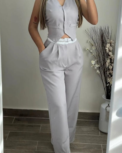 Casual Sexy Elegant V-Neck Buttoned Vest Top & Pocket Design Pants Set Womens Two Piece Sets Outfit