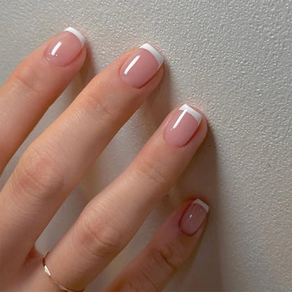 24Pcs Short Square Nude Fake Nails Art White Edge Glossy Artificial French False Nails Removable Full Cover Press on Nail Tips