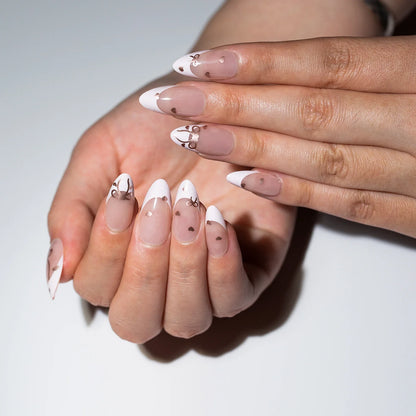 24Pcs Pink Almond French Press on Nails With 3D Bow ripple charms Design Fake Nails Ballerina False Nails Full Cover Nail Tips