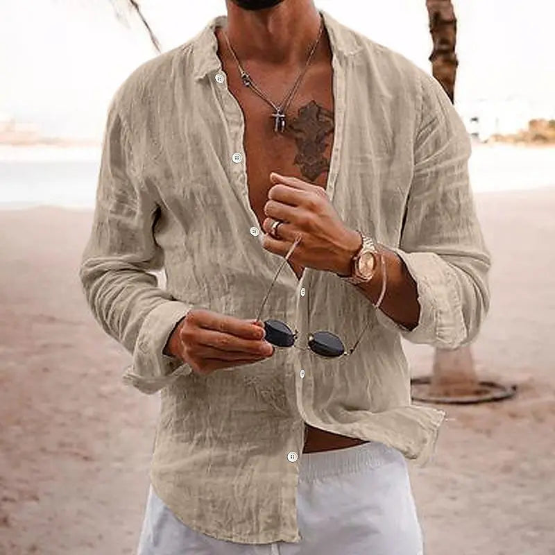 2023 New solid color loose single breasted lapel cotton linen long sleeve shirt men's medieval clothing loose cotton linen blend