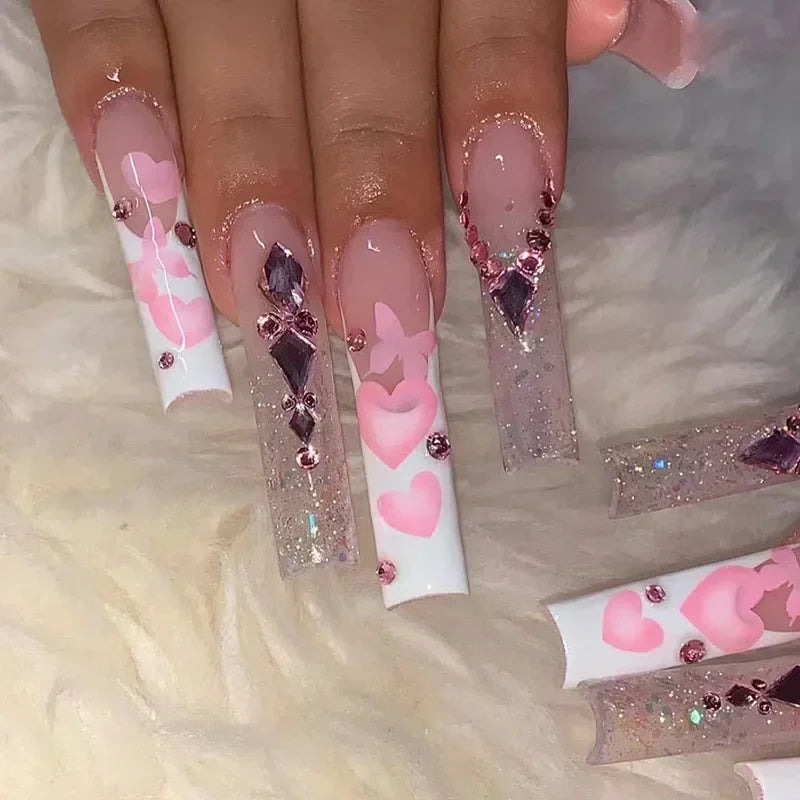 24Pcs False Nails Long Coffin Ballet French with Rhinestones Wearable Fake Nails Blue Flower Full Cover Press on Nails Tips Art