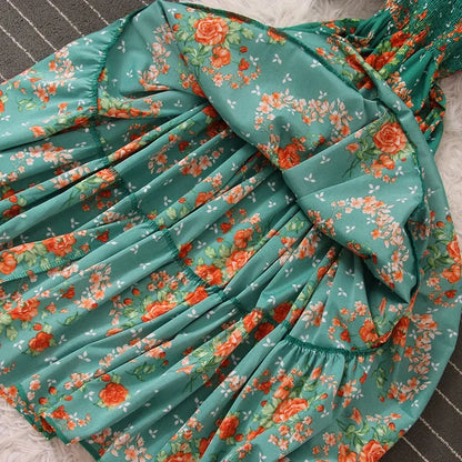 Korean Fashion Floral Print 2025 Party Dress Summer Short Puff Sleeve Vacation Women Long Dress Beach Vestidos