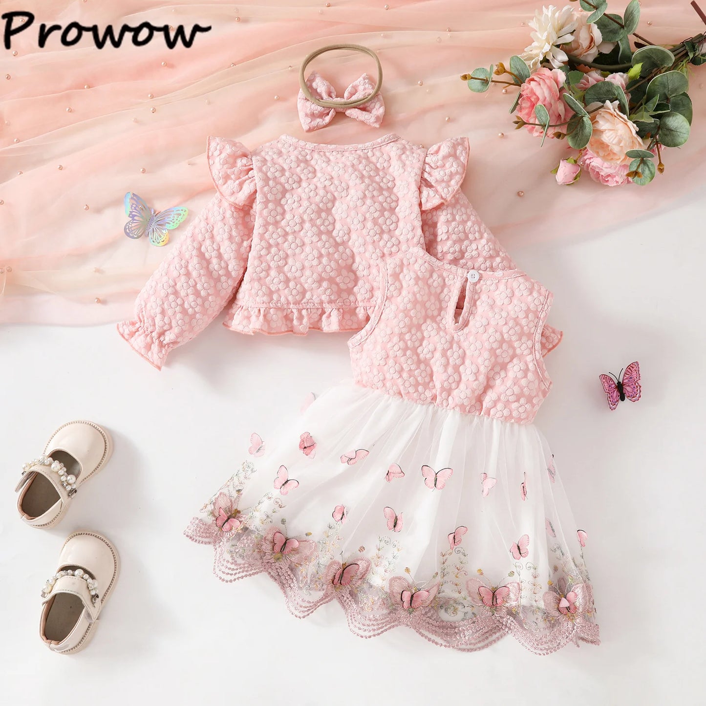 Baby Dresses Birthday Party Costume Pink Jacquard Cardigan Coat and Lace Butterfly Dress For Girls Newborns Infants Clothes