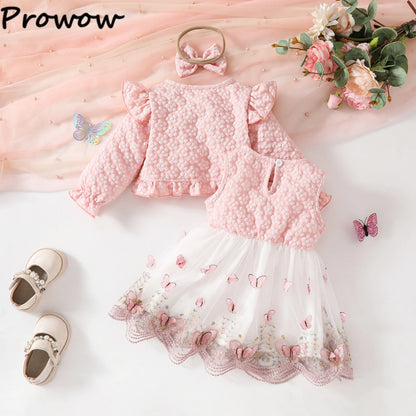 Baby Dresses Birthday Party Costume Pink Jacquard Cardigan Coat and Lace Butterfly Dress For Girls Newborns Infants Clothes