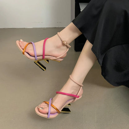 Aneikeh Summer Fashion Fretwork Heels Cross Striped Color Blocked High-heeled Sandals