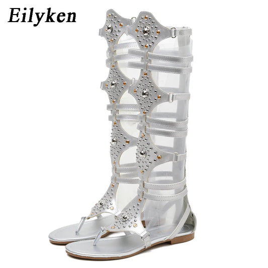 2025 New Golden Gladiator Roman Women Boots Sandals PU Leather Open Toe Knee High Flat Shoes