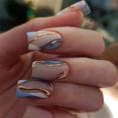 24Pcs Simple Blue French Fake Nails with Diamond Love Pattern Design False Nails Press on Mid-length Ballet Full Cover Nail Tips