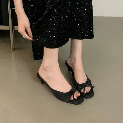 Aneikeh 2025 New Comfortable Low Heel Square Head Sandals Sweet Bow Silk Thick Heels