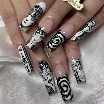 24pcs Artifical Bails With Glue Fake Nail Tips With Design Detachable Press On Nails Long Fake Nail Finished Nail Piece Sticker