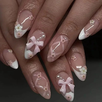 24Pcs Pink Almond French Press on Nails With 3D Bow ripple charms Design Fake Nails Ballerina False Nails Full Cover Nail Tips