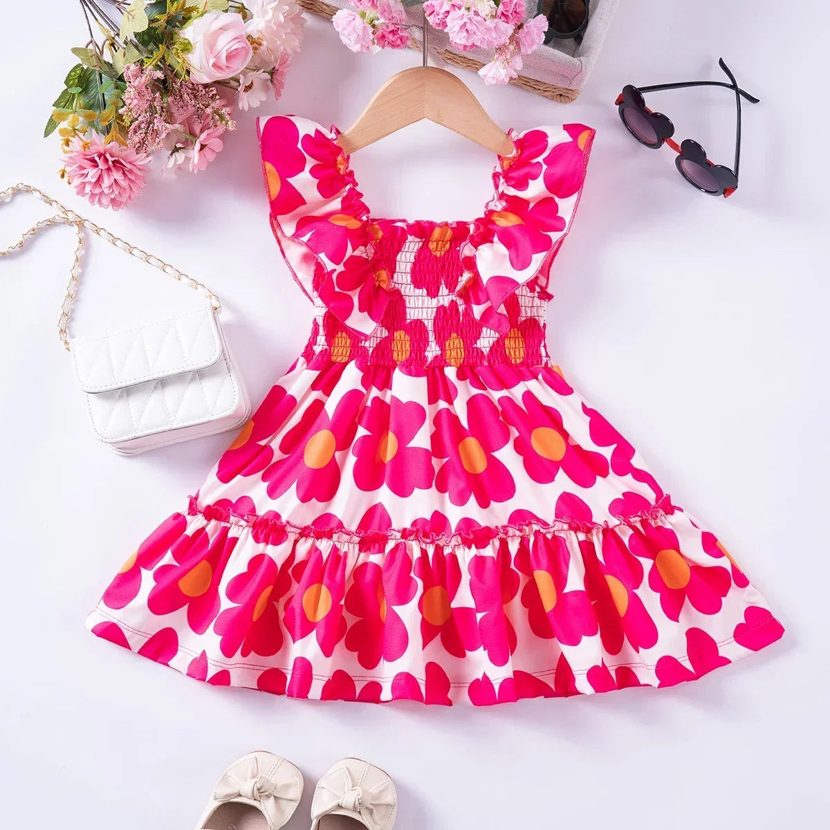 Summer New Kids Dresses for Girls Floral Fly Sleeve Sleeveless Princess Dress Cute Sweet Lovely Fashion Versatile
