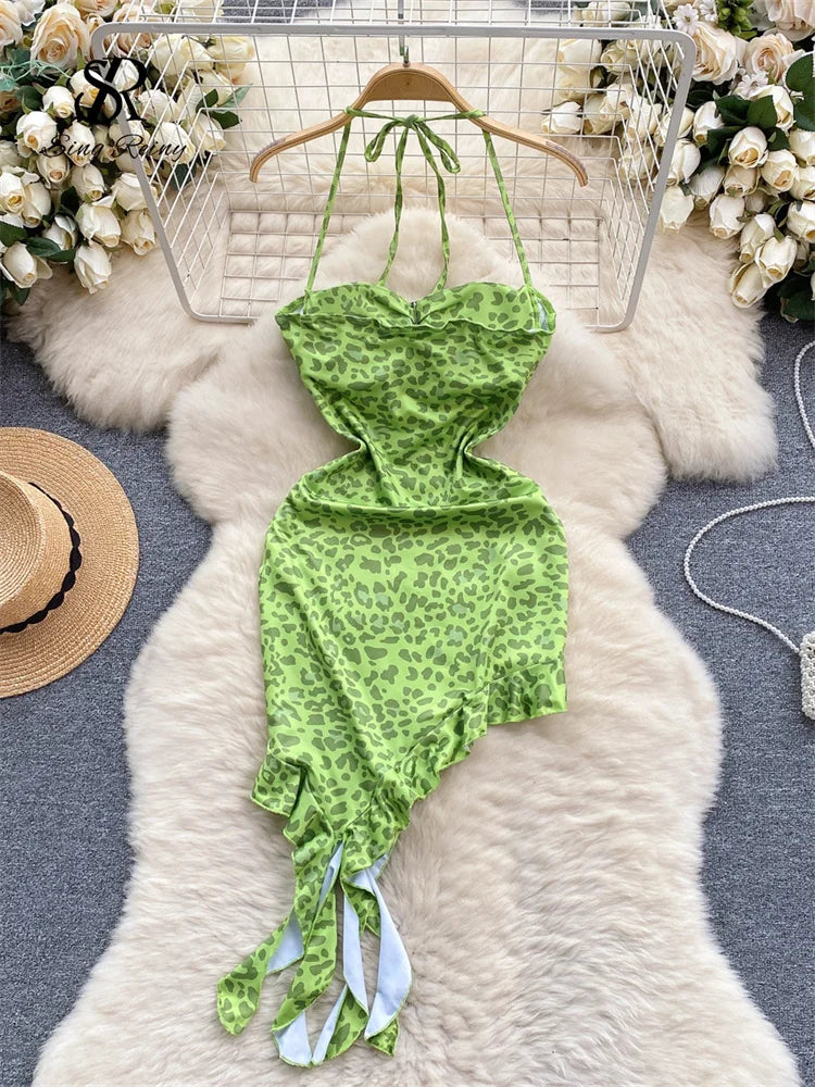 SINGREINY Leopard Irregular Halter Sundress Sleeveless Backless Slim Fit Bodycon Dress