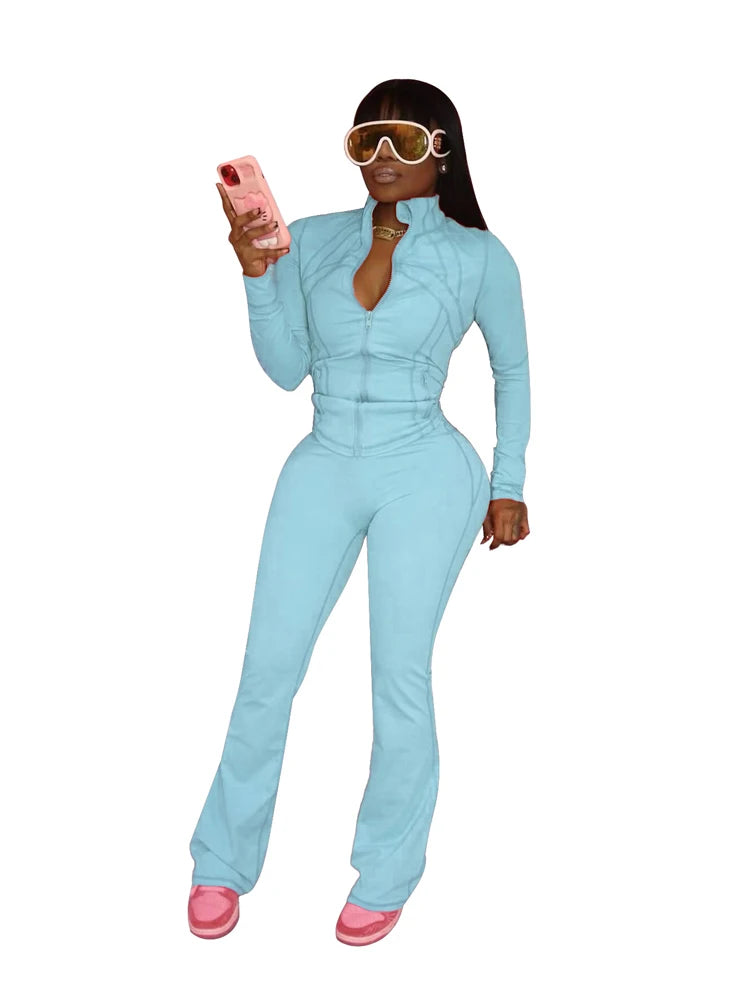 Women Clothes Two Piece Flared Pants Tracksuits Set