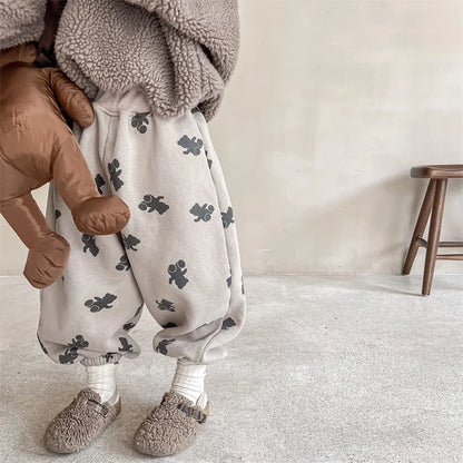 Winter Boys and girls cartoon bears inner fleece sweatpants Children thicken warm loose Trousers