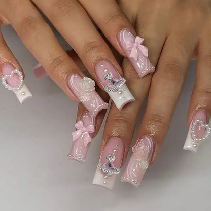 24Pcs Simple Blue French Fake Nails with Diamond Love Pattern Design False Nails Press on Mid-length Ballet Full Cover Nail Tips