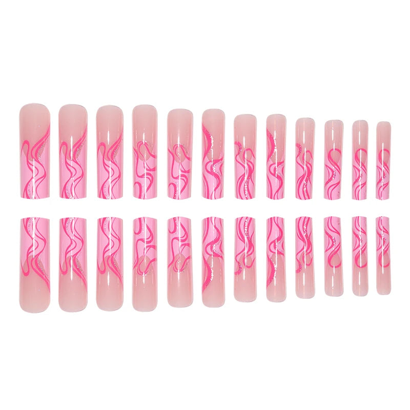 24 Pieces of Extra Long Coffin Shaped French&irregular Lines with Sparkling Pink Gloss Fake Nails&1 Nail File and 1 Jelly Sheet
