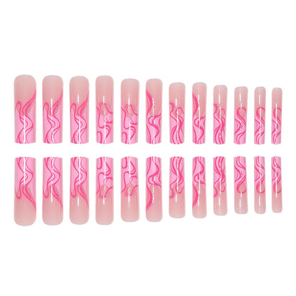 24 Pieces of Extra Long Coffin Shaped French&irregular Lines with Sparkling Pink Gloss Fake Nails&1 Nail File and 1 Jelly Sheet