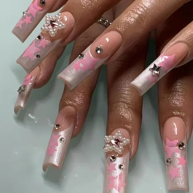 24Pcs White French False Nails Long Ballet Fake Nail with Pearl Bow Flower Design Press on Nails Pink Wearable Square Nails Set