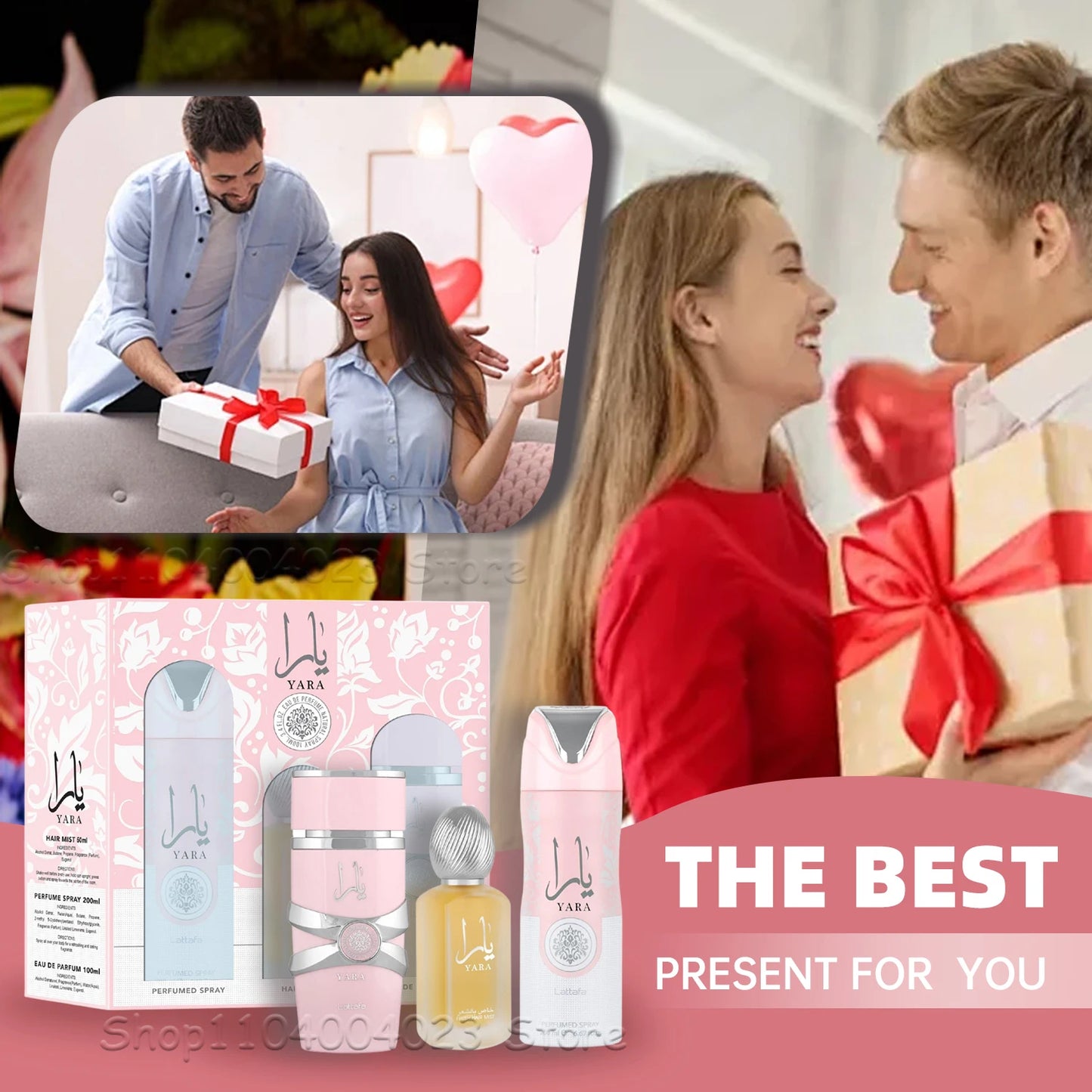 Lattafa Yara For Women 3Piece Set 3.4 Oz Eau de Parfum Spray + 1.7 Oz Hair Mist + 6.7 Oz Deodorant Spray Sweet Pheromone Perfume