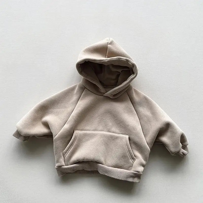 Winter Fleece Solid Hoodies Baby Boys Casual Loose Pocket All-match Hooded Top Girls Simple Thick Pullover Cotton Clothes