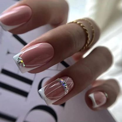 24Pcs Short Square False Nails Simple French Fake Nails Press on Nails Full Cover Nail Tips Detachable DIY Manicure