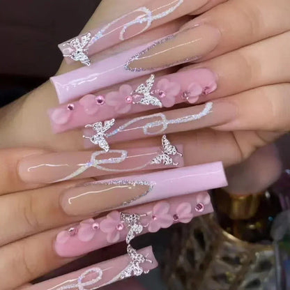 24Pcs False Nails Long Coffin Ballet French with Rhinestones Wearable Fake Nails Blue Flower Full Cover Press on Nails Tips Art