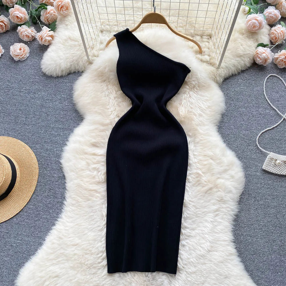 Sexy One Shoulder Knitted Bodycon Mini Dress