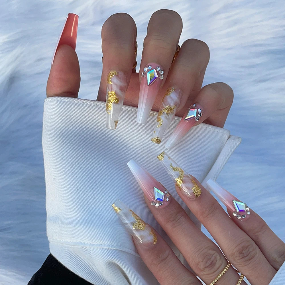 24 Pcs Glossy Long Ballerina Press On Nails Purple Glitter With Rhinestone Shiny