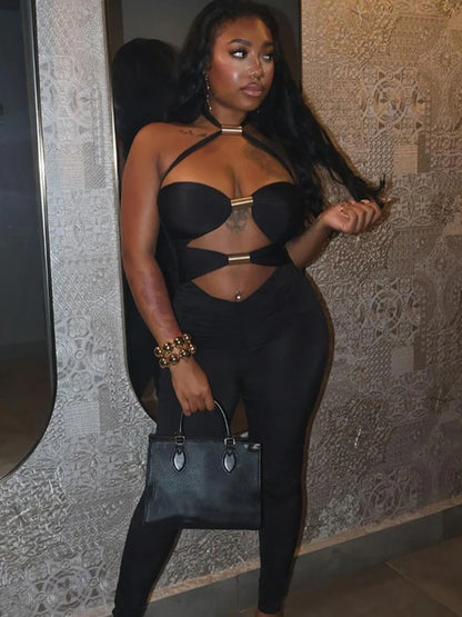 Weird Puss Metal Rings Patchwork Women Lace-Up Halter Sexy Hollow Sleeveless