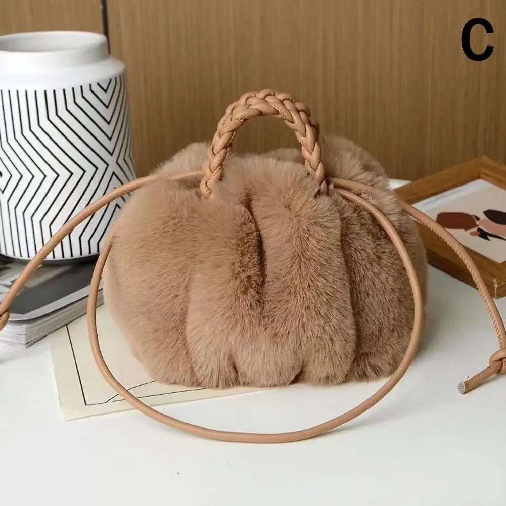 Cute Pumpkin Bag Faux Fur Tote Bag Women's Bucket Plush Luxury Design Ladies Handbags Soft Winter Sweet Girl Handbag