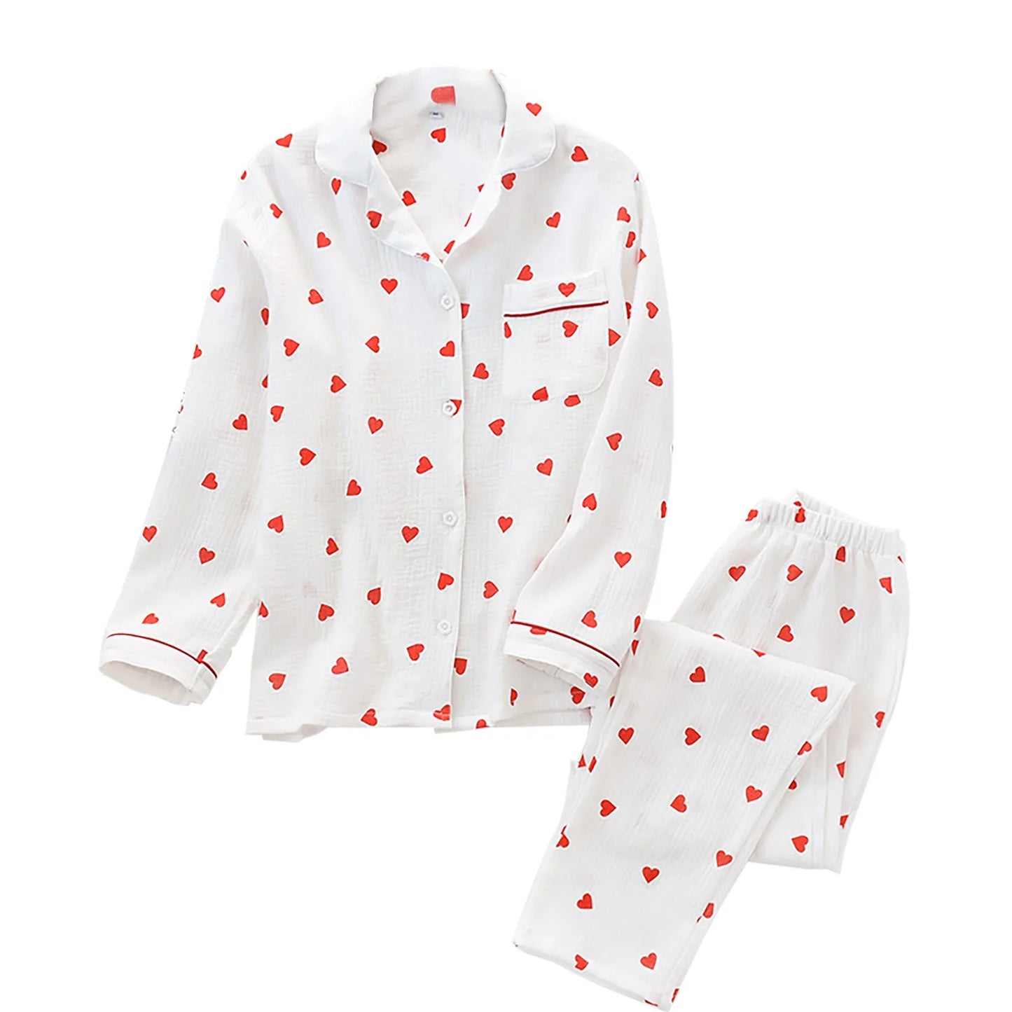 2pc Cotton Pajamas Set Women's Sweet Little Love Cute Two Piece Pijama Jacket Shirts & Long Pant Loungewear Cozy Crepe Homewear