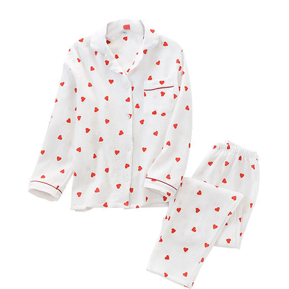 2pc Cotton Pajamas Set Women's Sweet Little Love Cute Two Piece Pijama Jacket Shirts & Long Pant Loungewear Cozy Crepe Homewear