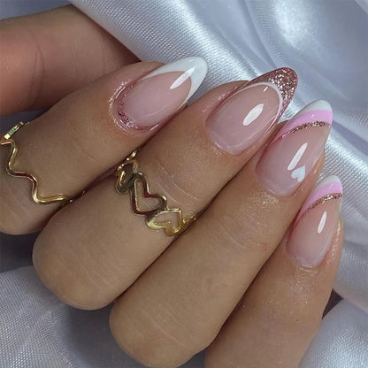 24Pcs Short Square Nude Fake Nails Art White Edge Glossy Artificial French False Nails Removable Full Cover Press on Nail Tips