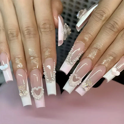 24Pcs Long Ballet French False Nails Pink Butterfly Flower with Rhinestones Wearable Fake Nails Gradient Press on Nail Tips Art
