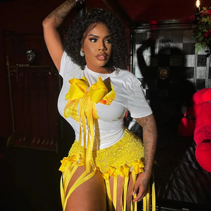 Bow O-Neck short sleeve Tops and lace Shorts Suits Streetwear m 2025