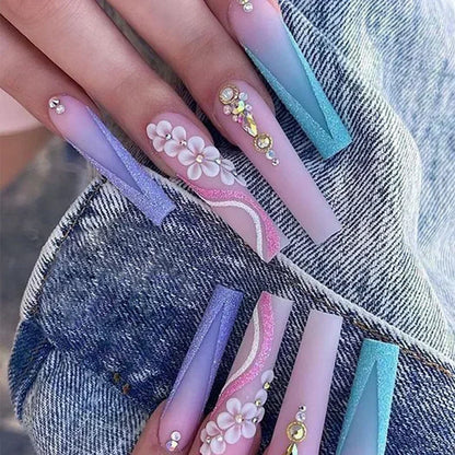 24Pcs Long Ballerina False Nails Press on Nails Serpentine Flower with Rhinestones French Fake Nails Wearable White Nail Tips