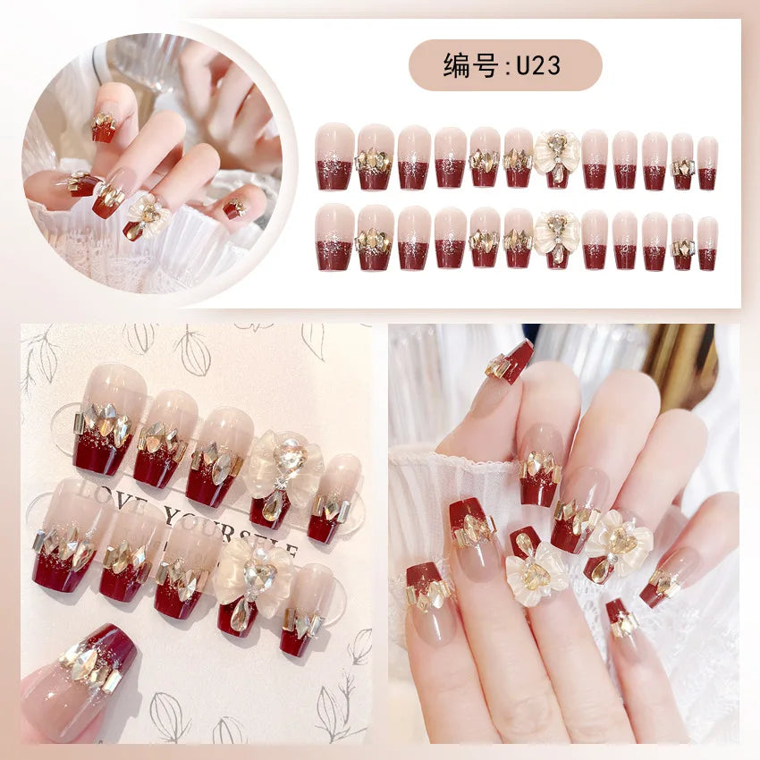 24pcs Luxury Mid-Long Ballet False Nails Set Glittering Rhinestone+Handmade Flowers Press-on Fake Nail Glossy Patch For Bridal