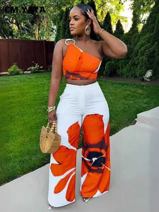 Floral Print Sleeveless Skew Collar Tops +Wide Leg Pants