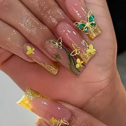 24Pcs Gradient Long Coffin False Nails with Green Rhinestones Design Black Square French Full Cover Press on Nail Tips for Girls