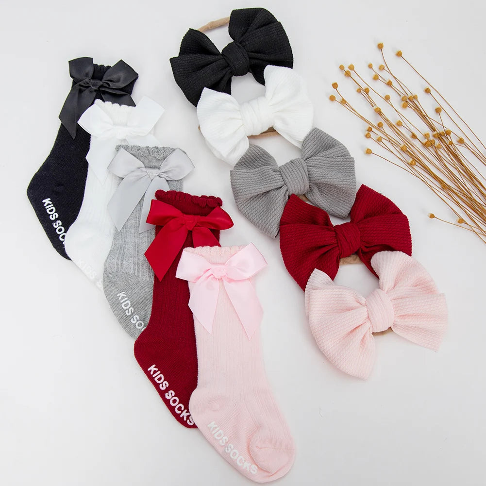 3Pcs/Set Baby Cotton Knee Socks Silk Stain Hair Bow Headbands Non-slip 0-12M Long Leggings Stockings Nylon Hairbands Infant Sock