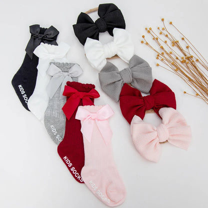 3Pcs/Set Baby Cotton Knee Socks Silk Stain Hair Bow Headbands Non-slip 0-12M Long Leggings Stockings Nylon Hairbands Infant Sock