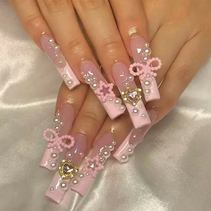 24Pcs Long Ballerina False Nails Press on Nails Serpentine Flower with Rhinestones French Fake Nails Wearable White Nail Tips