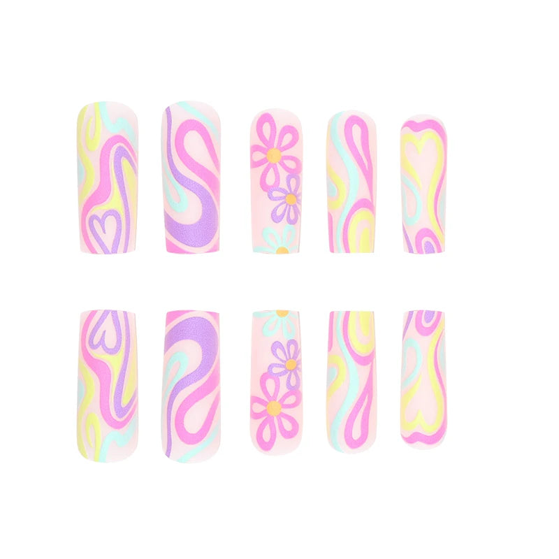 24 Long Coffins, Three-dimensional Rainbow Lines, Creative Love Patterns, Frosted Fake Nails&1 Nail File and 1 Tape