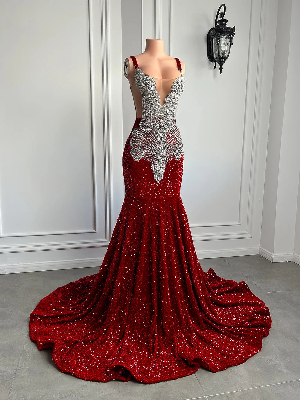 Gorgeous Long Mermaid Style Luxury Sparkly Silver Crystals Red Sequin