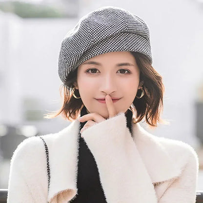 Simple Women Wool Beret for Elegant Lady Winter Female Cotton Hats Plaid Vintage Octagonal Casual Autumn Cap