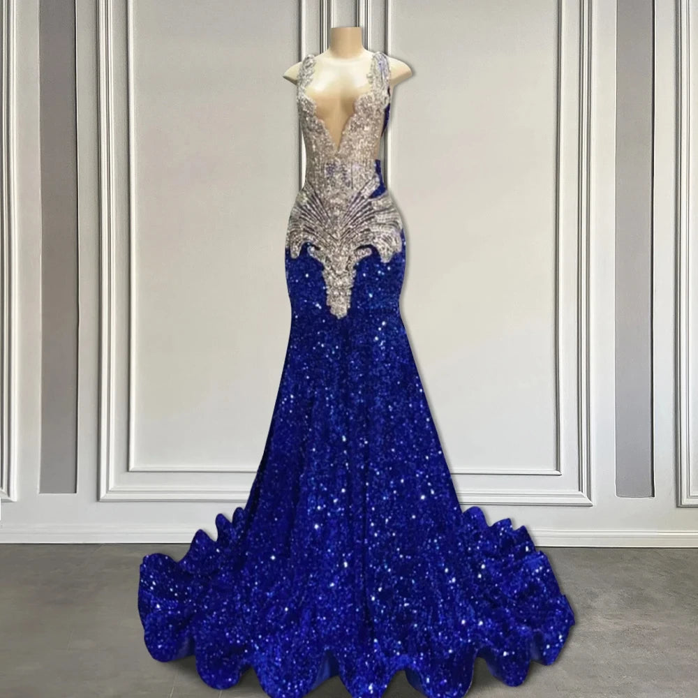 Sparkly Red Sequin Mermaid Luxury Silver Crystal Beaded Sheer Neck Long Prom Gowns