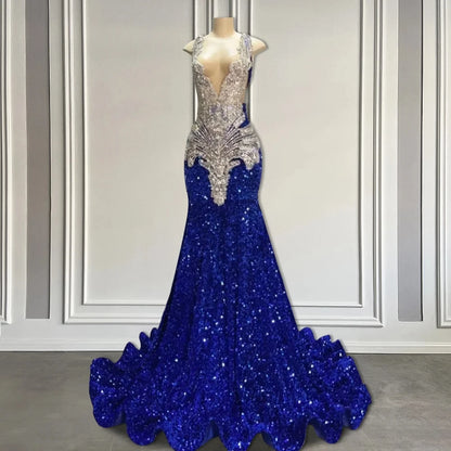 Sparkly Red Sequin Mermaid Luxury Silver Crystal Beaded Sheer Neck Long Prom Gowns