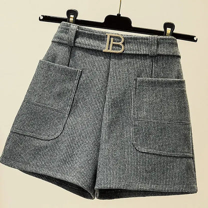 Simplicity Fashion Autumn New Woolen Women Plaid Zipper Pockets Korean Elegant Casual High Waist Loose A-line Wide Leg Shorts