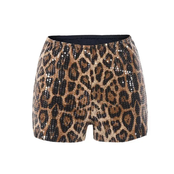 Women Sequined Leopard Print Sexy High Waist Leggings Shorts