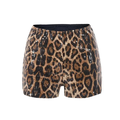 Women Sequined Leopard Print Sexy High Waist Leggings Shorts